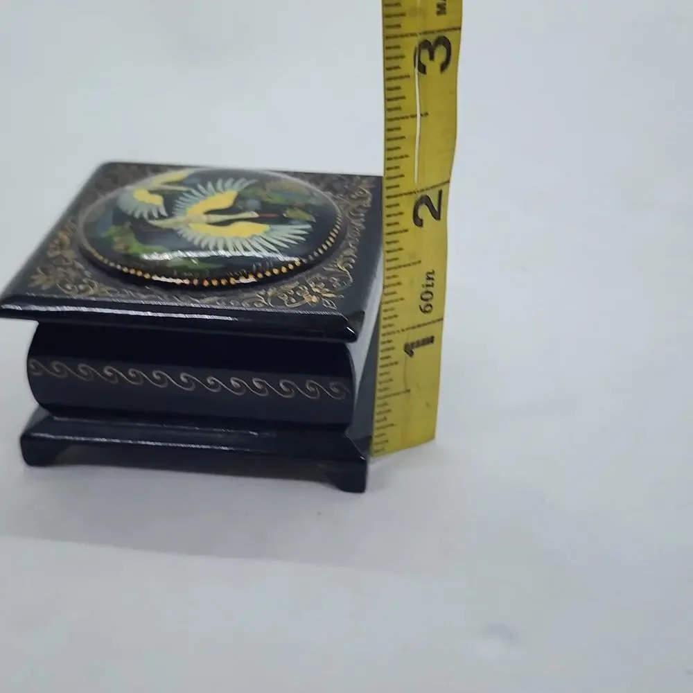 Vintage Russian Black Lacquer Trinket Box Birds Hand Painted Cranes Gold Leaf